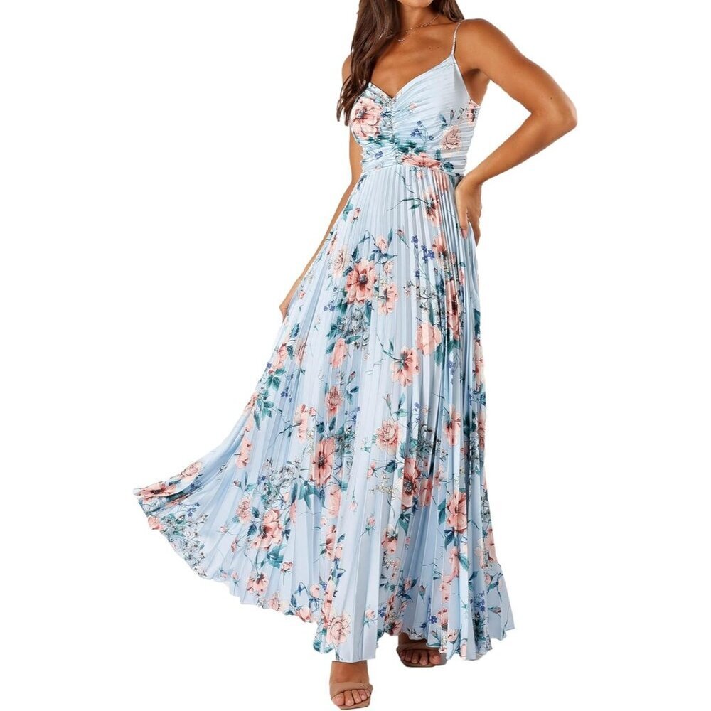 Women's A-blue Floral Polyester Pleated Adjustable Spaghetti Strap Maxi Dress